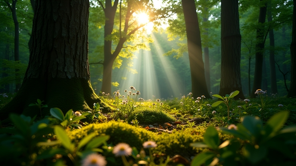 Bright sunlight filtering through dense green forest trees casting dappled shadows on the leafy forest floor on a clear day