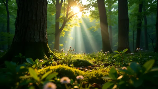 Bright Sunlight Filtering Through Dense Forest Trees