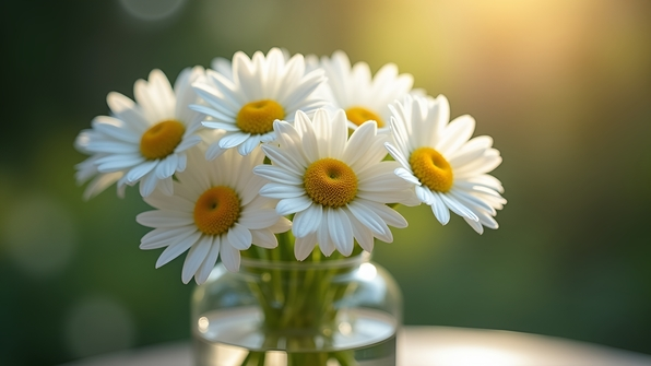 Bright white daisy flowers arranged elegantly in a clear glass vase with a soft, blurred natural background