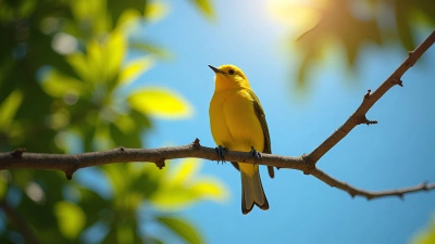 Bright Yellow Bird On Sunlit Tree Branch