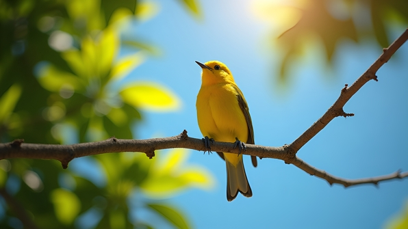 Bright yellow bird perched calmly on a sunlit tree branch with lush green leaves and clear blue sky