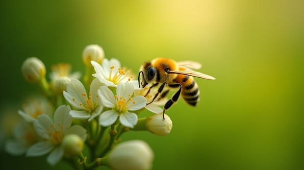 Bright yellow bumblebee hovering near delicate white blossoms in natural sunlight