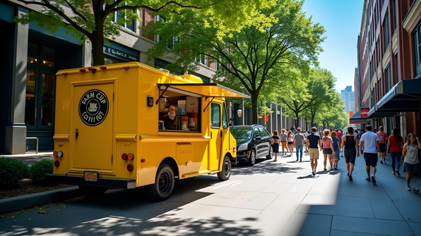 Bright yellow Farm Cup Coffee truck parked on a busy urban sidewalk with pedestrians and greenery under a clear blue sky