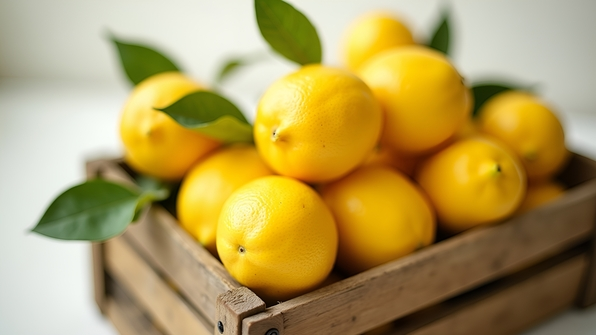 Bright yellow lemons stacked in a rustic wooden crate with green leaves under soft natural lighting on a white background