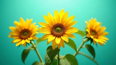 Bright Yellow Sunflowers With Green Leaves On Teal