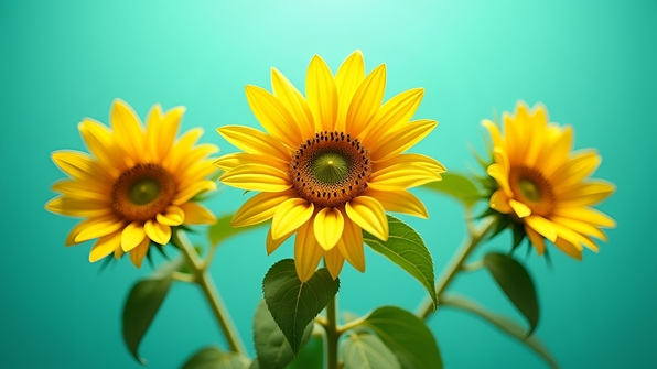 Bright yellow sunflowers with green leaves on a vibrant teal background in a modern botanical illustration