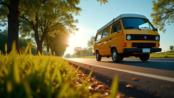 Bright yellow van traveling on a sunlit rural road with green trees and grass under clear blue skies
