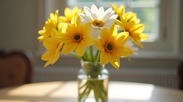 Bright yellow and white flower arrangement in a transparent glass vase with natural lighting