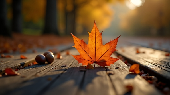 Brown Autumn Leaf On Textured Wood