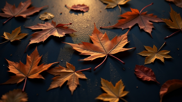 Close-up of brown autumn leaves scattered on a matte black surface with soft natural lighting and subtle shadows