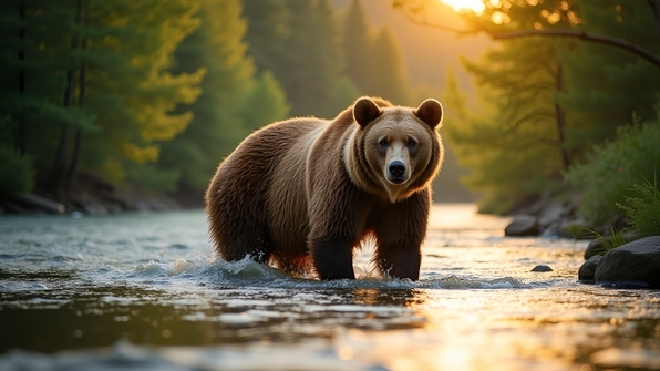 Brown bear standing in clear river surrounded by lush green forest and bright sunlight