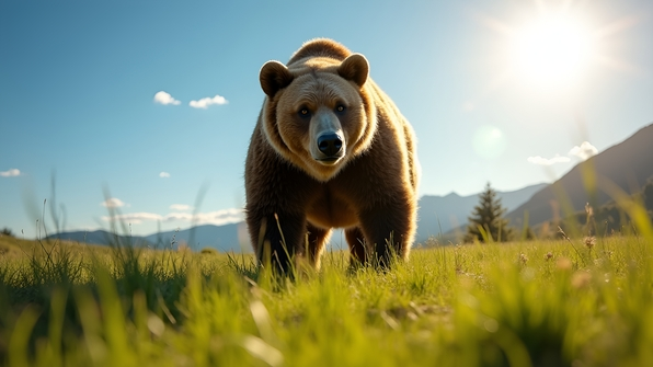 Brown bear standing on vibrant green grass under bright daytime sunlight with clear blue sky