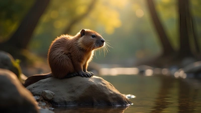 Brown Beaver On Textured Rock In Forest