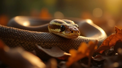 Brown And Beige Python Coiled On Leaves
