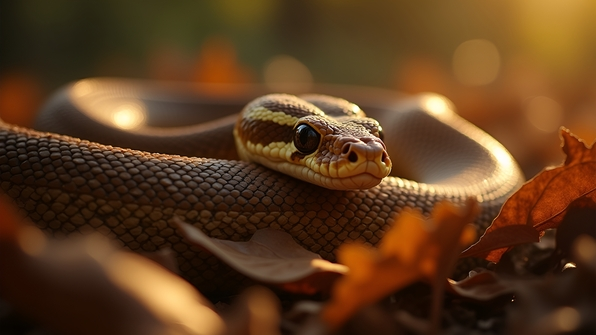 Close-up of a brown and beige python coiled on dry leaves showcasing its patterned scales and textured skin in natural sunlight
