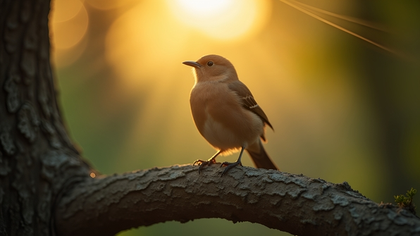Close-up selective focus of a brown bird perched on a textured tree branch with a blurred natural background