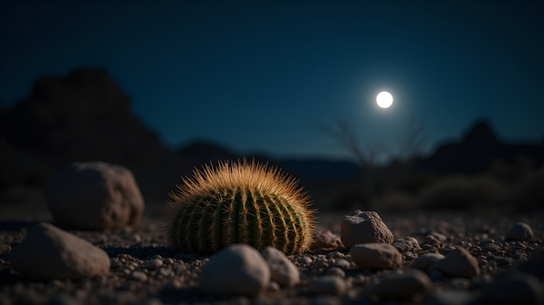 Close-up of a brown cactus plant under moonlight with textured surface and spines