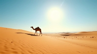 Brown Camel Walking Across Sunlit Desert