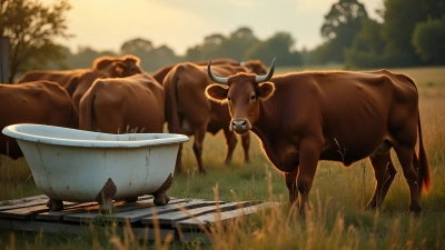 Brown Cattle Grazing Beside Vintage Bathtub