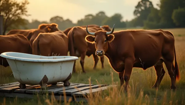 Brown Cattle Grazing Beside Vintage Bathtub