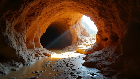 Interior view of a brown cave with rugged rock formations and soft natural light filtering through a small opening