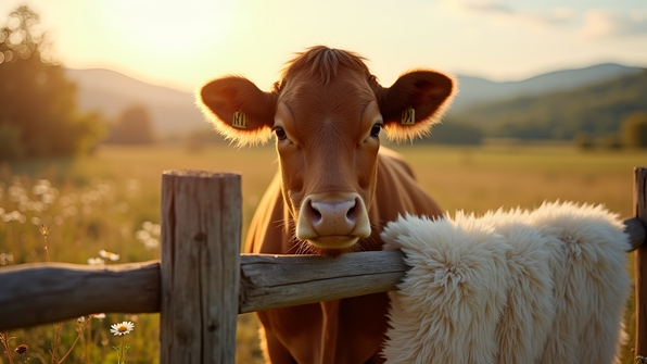 Close-up of a brown cow standing beside a soft white fur textile draped over a rustic wooden fence in a sunny rural setting