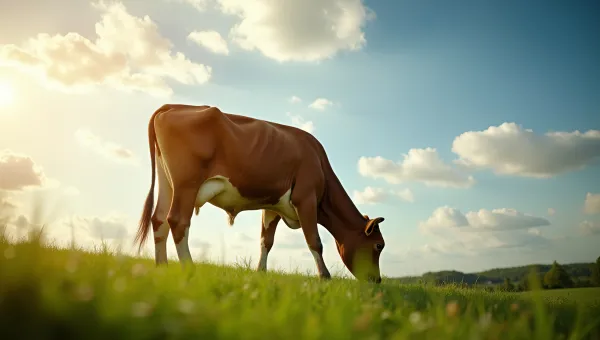 Brown Cow Grazing On Green Grass Field