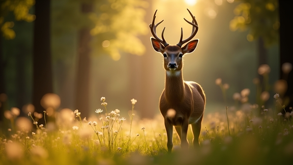 Close-up of a brown deer standing gracefully in a sunlit forest clearing with detailed fur texture and alert eyes