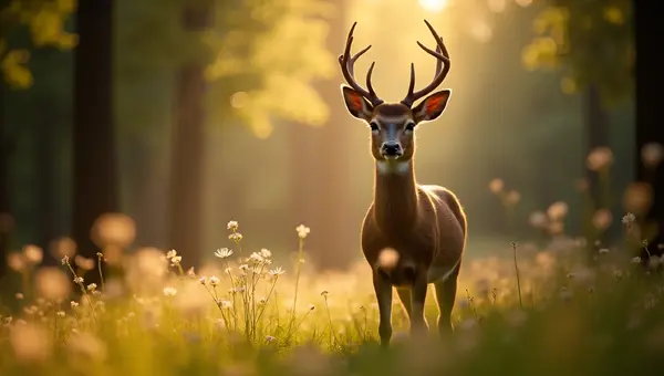 Brown Deer Close-Up In Sunlit Forest