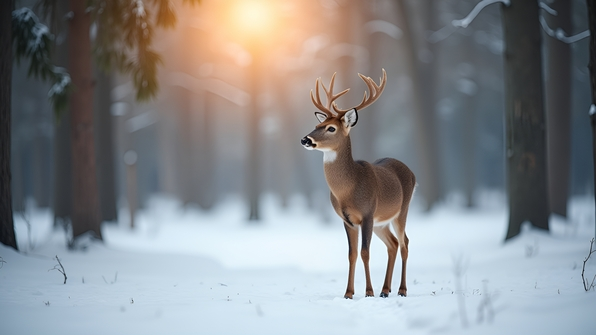 Brown deer standing gracefully on pristine snow in a peaceful winter forest