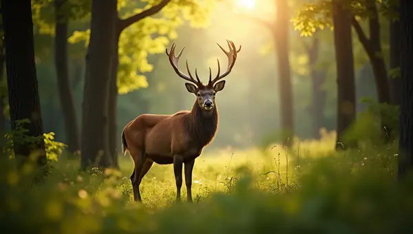 Brown Deer In Sunlit Forest Clearing