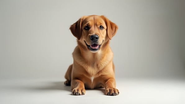 A friendly adult brown dog sitting calmly on a clean white surface with soft lighting and a neutral background