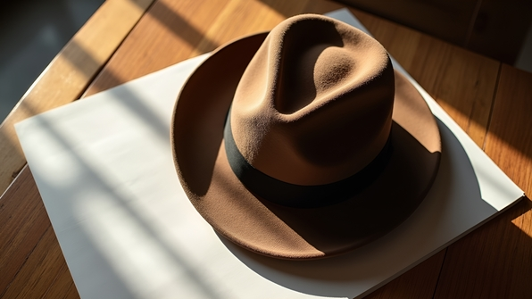 Brown fedora hat resting on a white sheet of paper on a wooden table with natural lighting