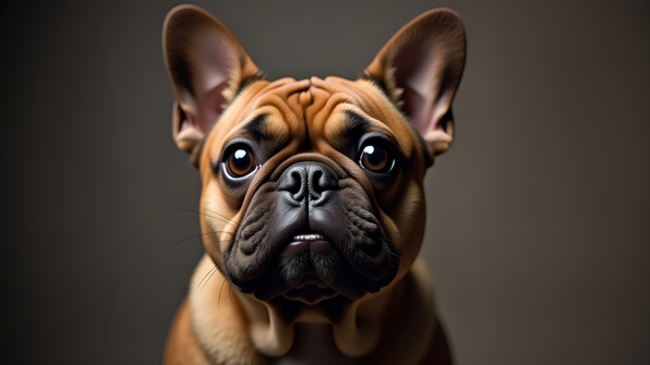 Close-up portrait of a brown French bulldog with expressive eyes and textured fur