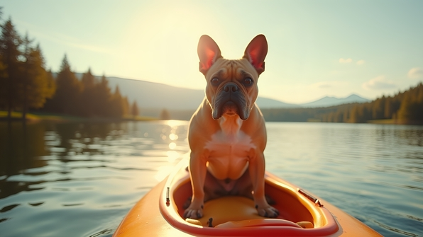 Brown French Bulldog Standing On Kayak