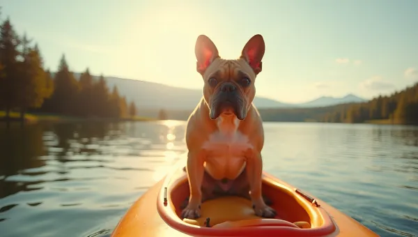 Brown French Bulldog Standing On Kayak