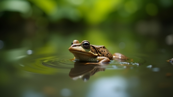Close-up of a brown frog resting calmly on a still water surface with subtle ripples and green foliage reflections