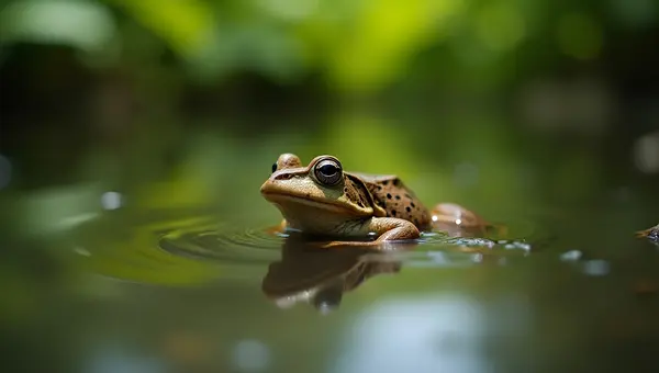 Brown Frog Close-Up On Calm Water Surface