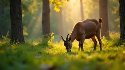Brown Goat Grazing In Sunlit Forest Clearing