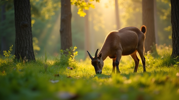 Brown goat peacefully grazing on lush green grass in a sunlit forest clearing