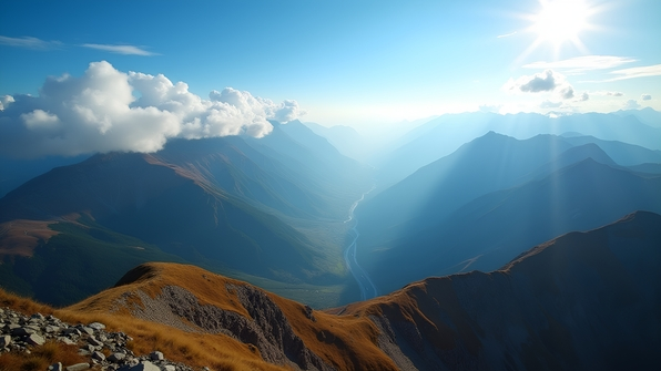 Scenic brown and green mountain landscape beneath a clear blue daytime sky with bright sunlight and scattered clouds