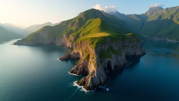 Brown and green mountain rising steeply surrounded by calm blue water under a clear sky with lush vegetation and rocky textures
