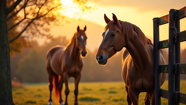 A brown horse standing calmly next to a black steel gate on a sunny rural farm