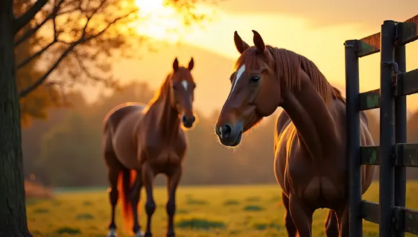 Brown Horse Next To Black Steel Gate On Sunny Farm