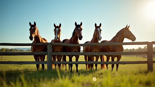 Brown Horses Behind Wooden Fence In Pasture