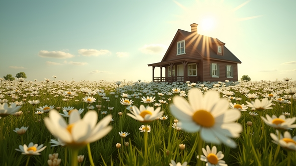 Brown House in White Flower Field