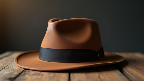 Close-up of a stylish men's brown leather fedora hat with a black band on a wooden table