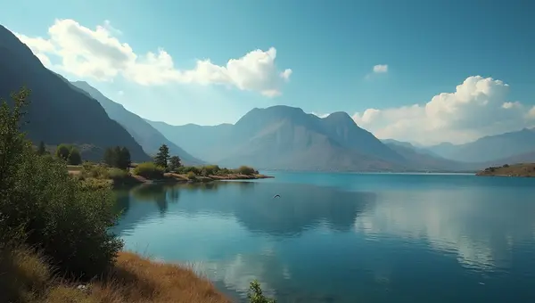 Brown Mountain Beside Calm Lake Under Blue Sky