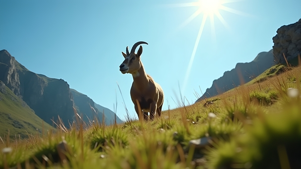 Brown mountain goat standing alert on lush green grass with a clear blue sky and rocky hills in the background