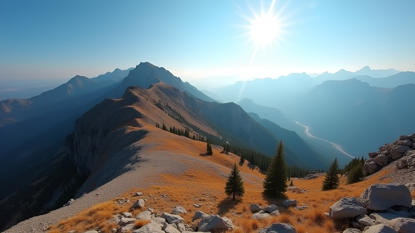 Expansive brown mountain landscape with rugged rocky slopes under a bright blue sky